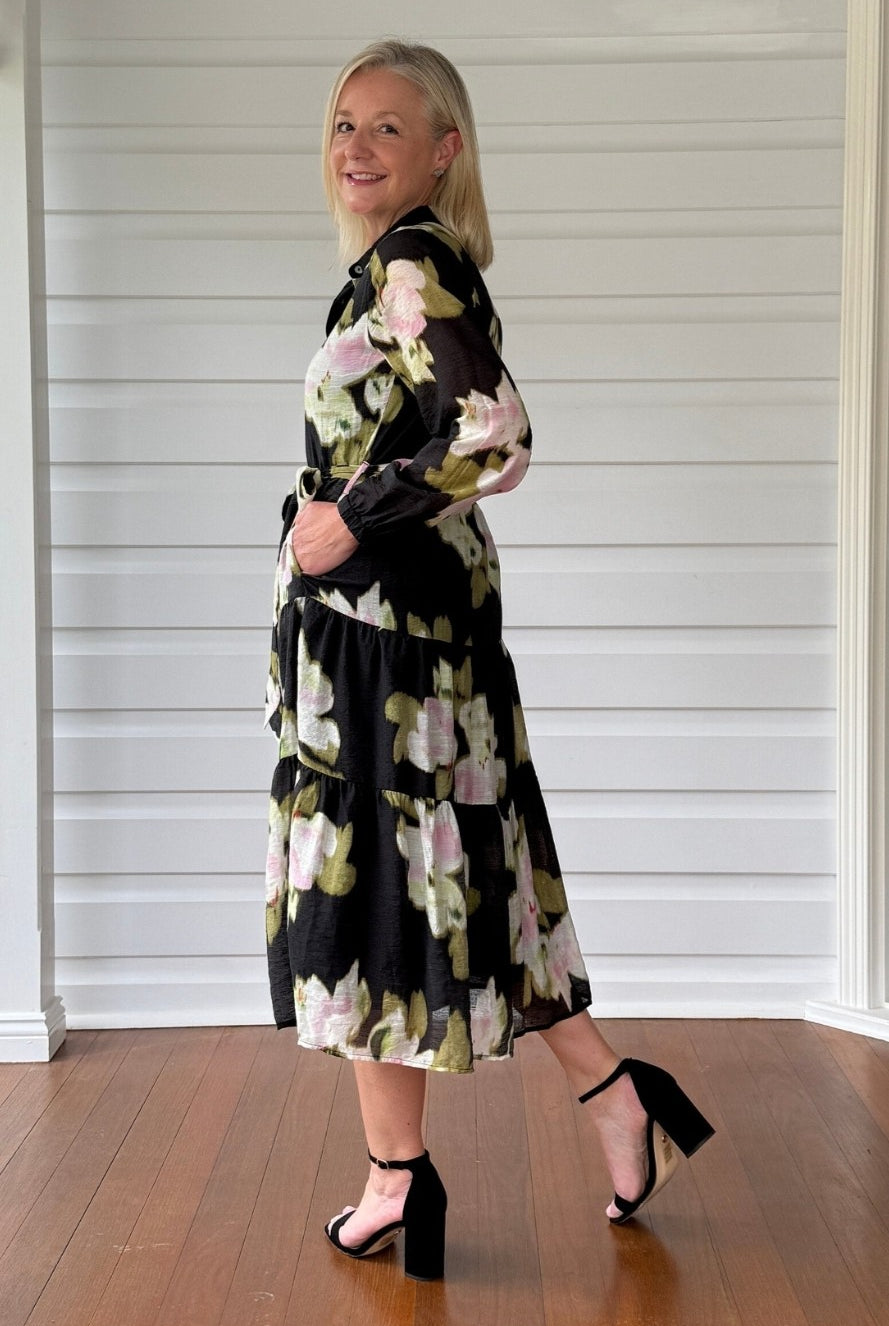 womens midi floral print dress black multi side view