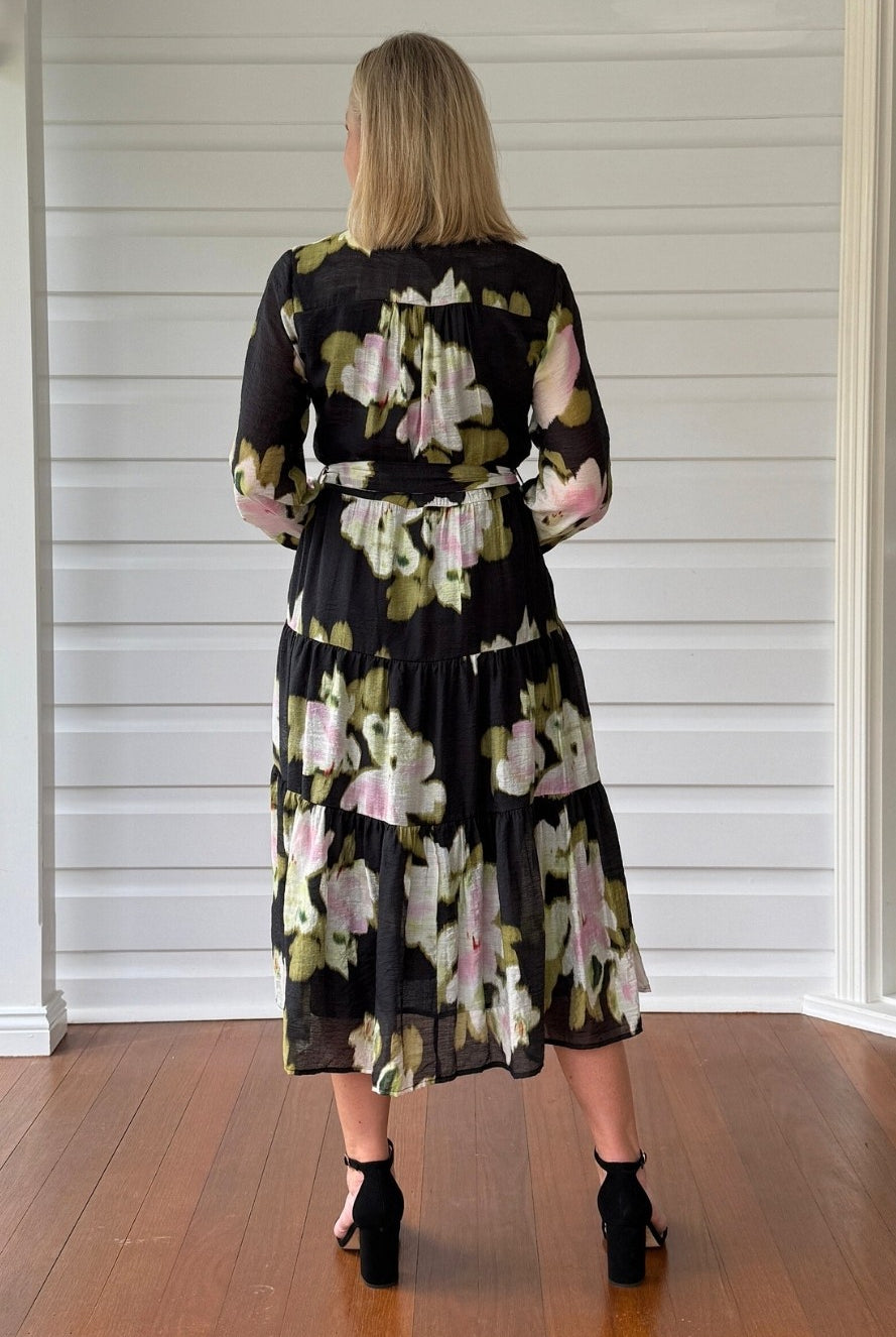 womens midi floral print dress black multi back view