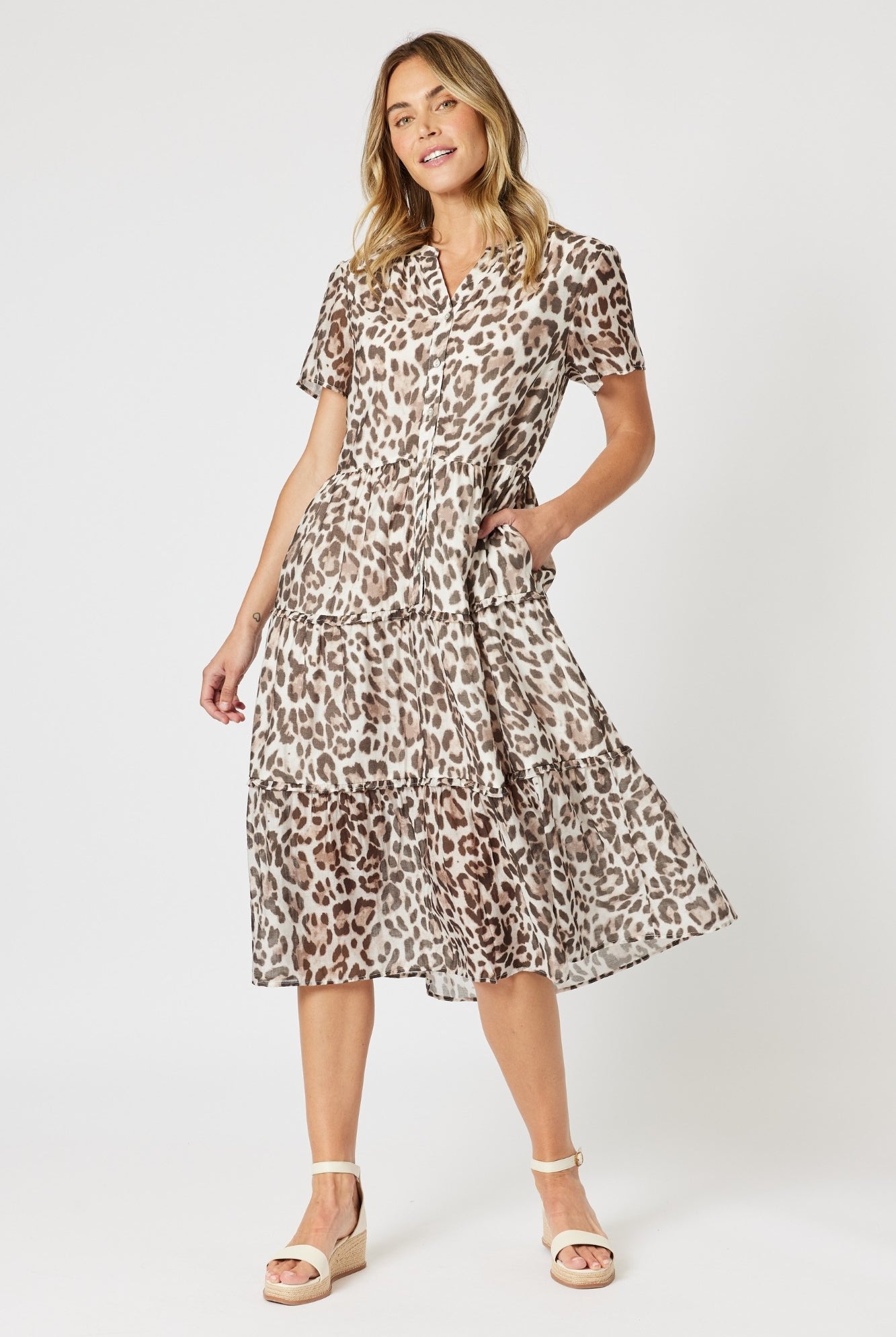 womens animal leopard print midi dress soft pleat