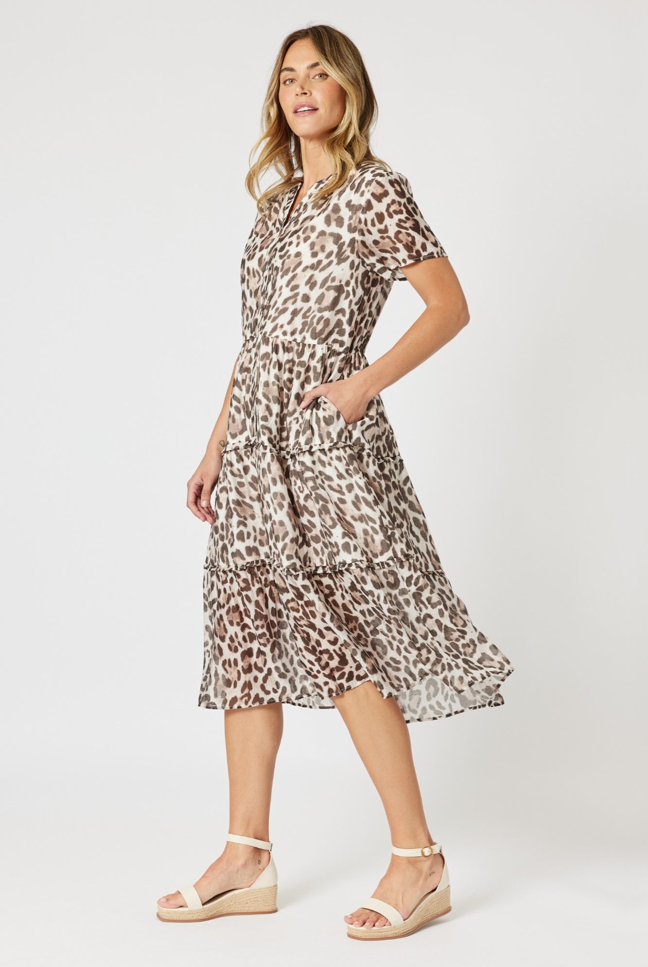 womens animal leopard print midi dress soft pleat
