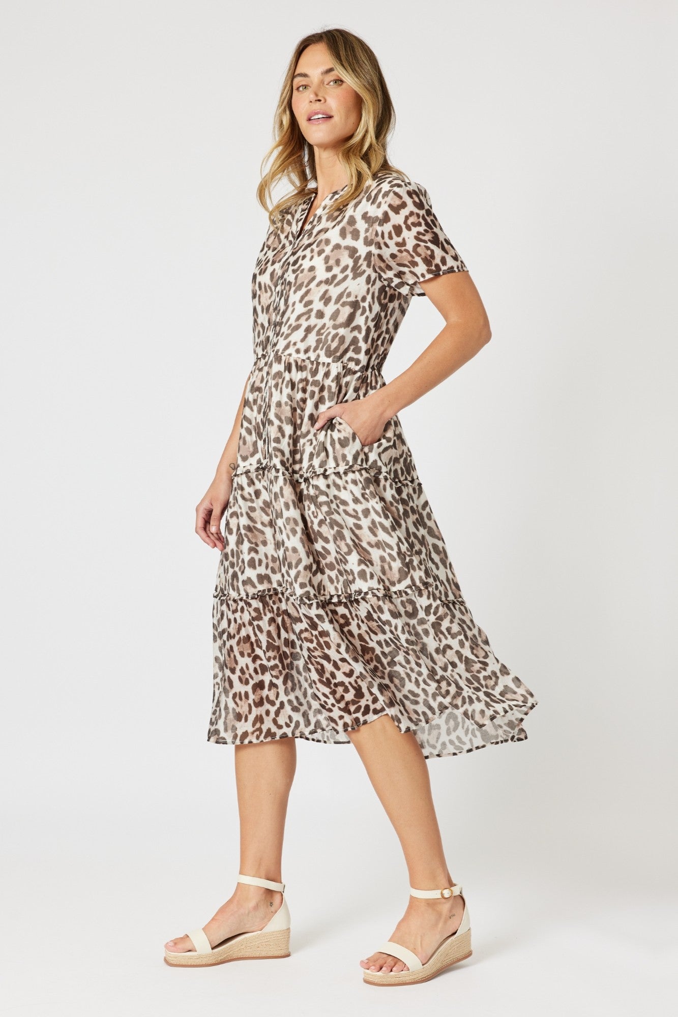 womens animal leopard print midi dress soft pleat