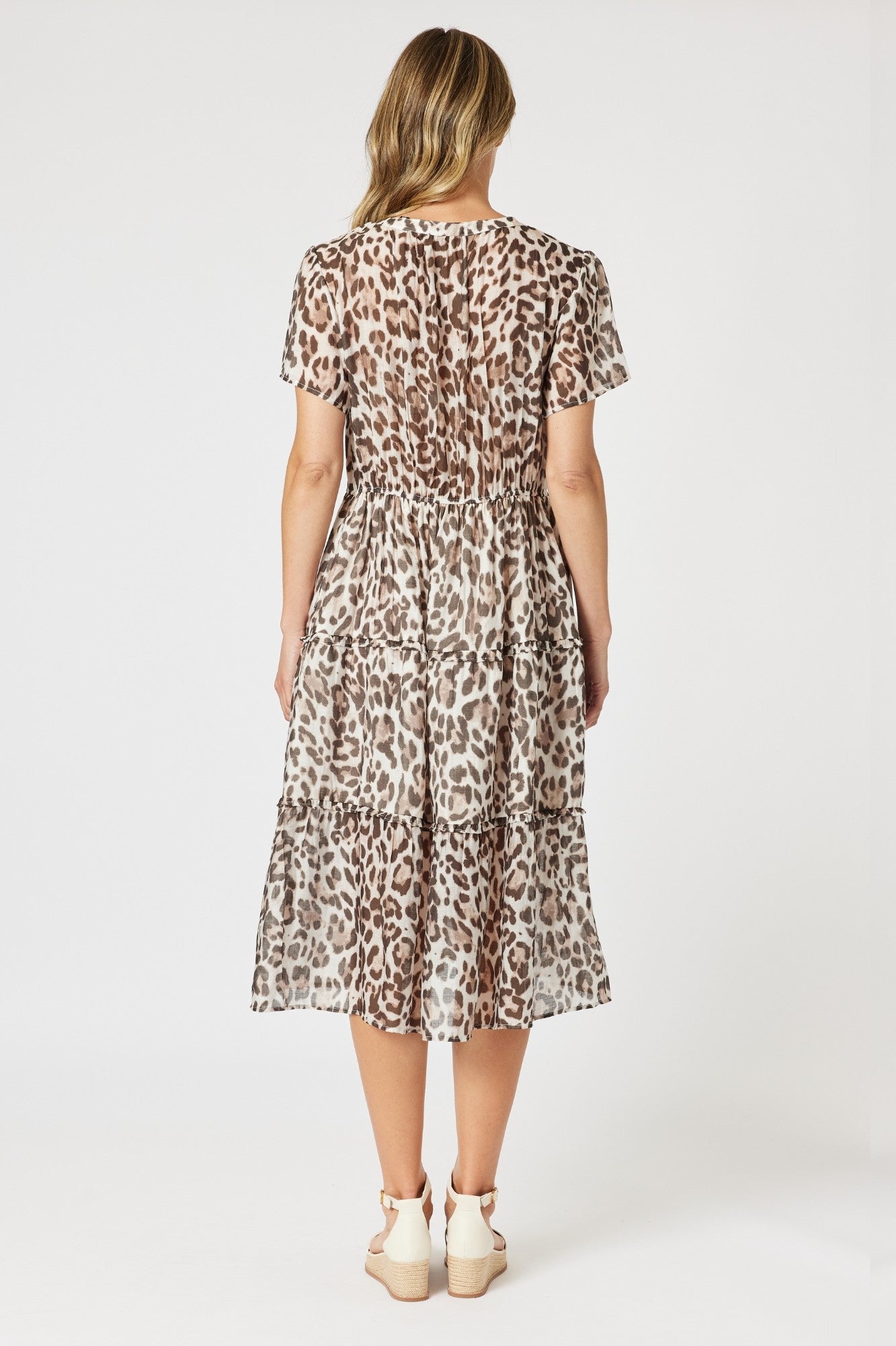 womens animal leopard print midi dress soft pleat back view
