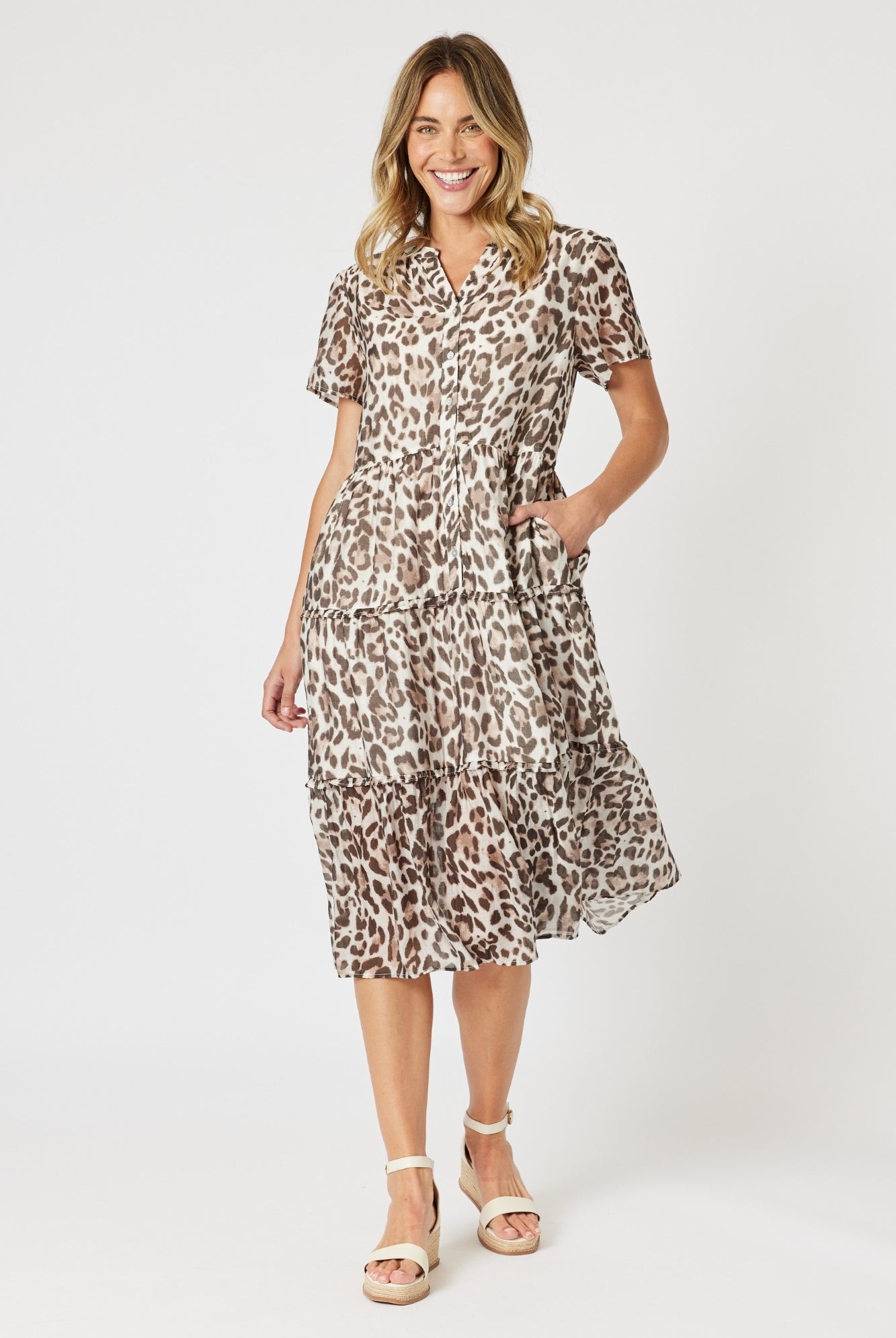 womens animal leopard print midi dress soft pleat