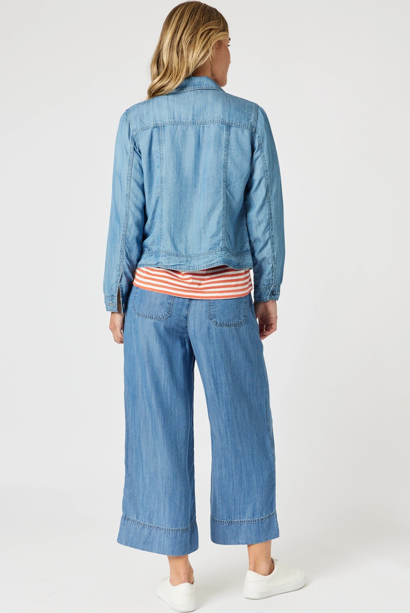 womens classic denim jacket cropped mid blue back view