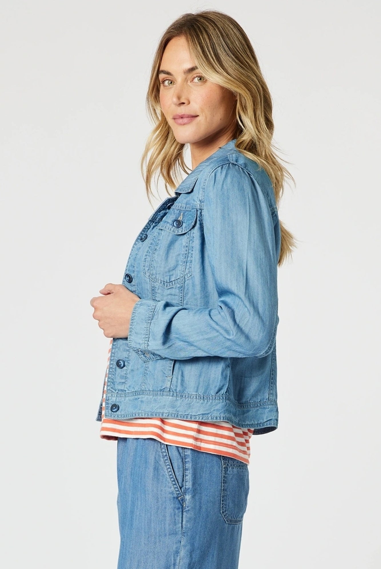 womens classic denim jacket cropped mid blue side view