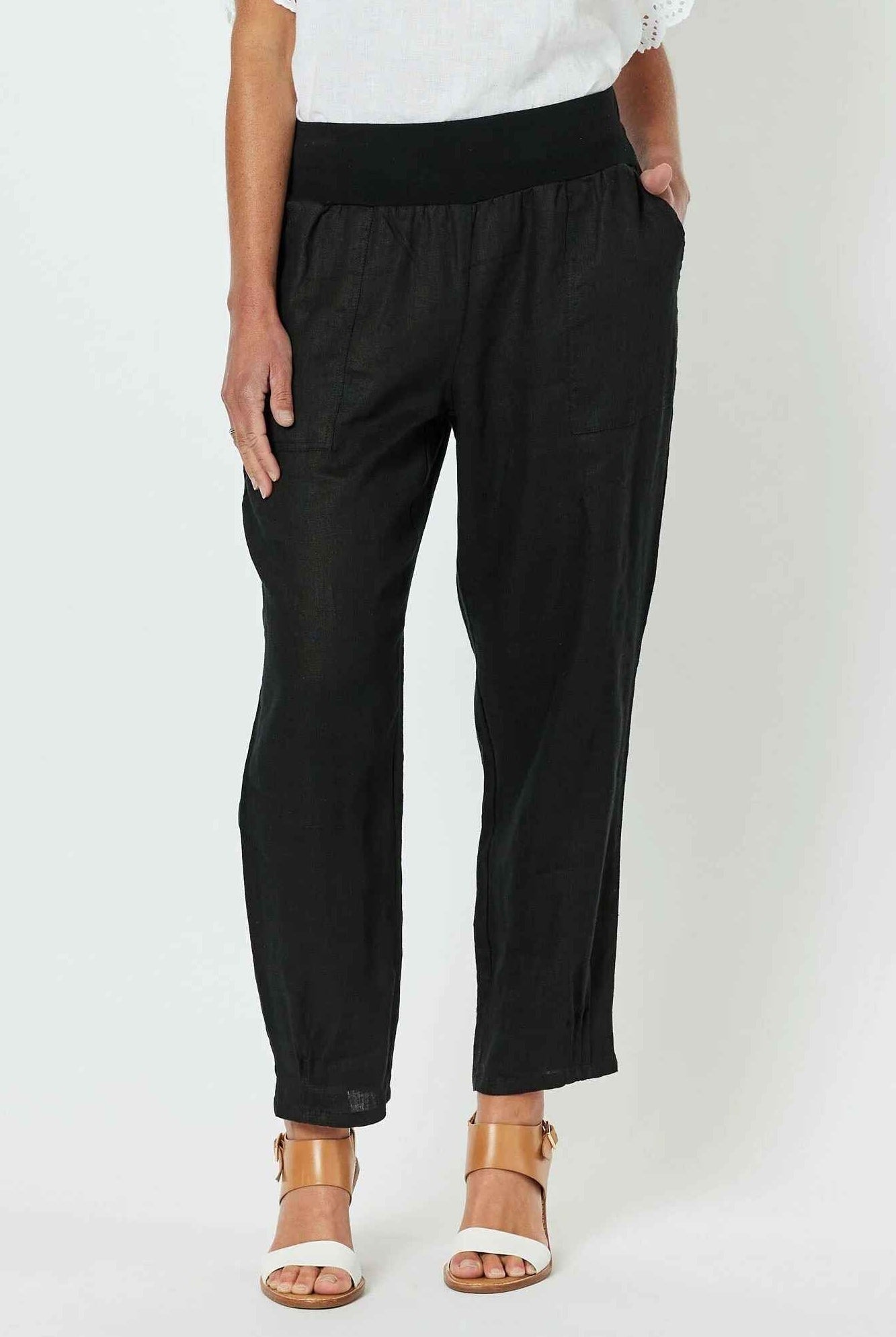 womens slim black linen pants cropped worn by model