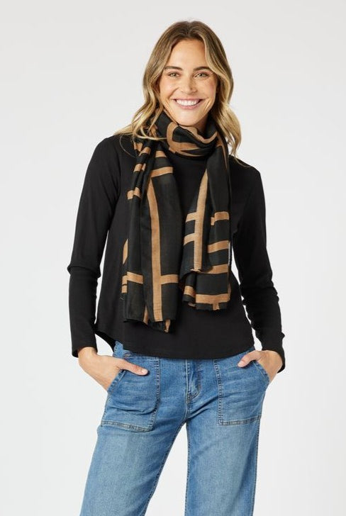 black and caramel scarf with geometric pattern
