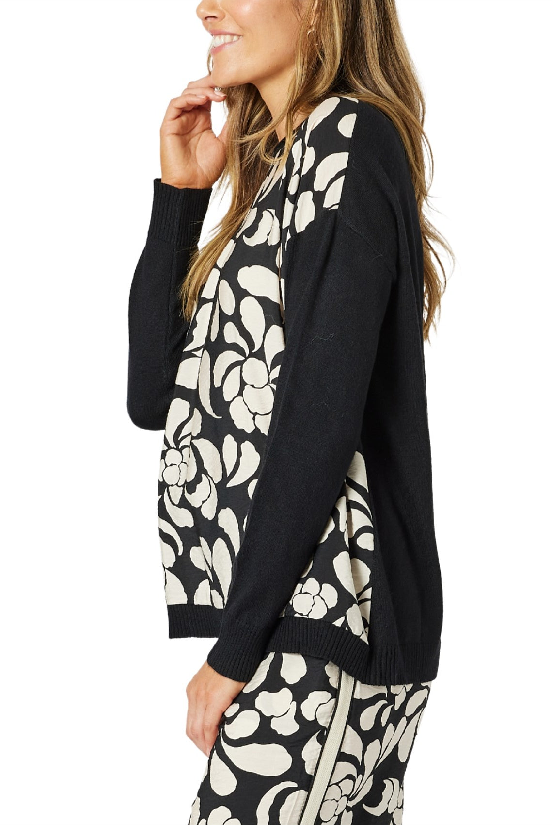 womens knit top with black and white floral contrast long sleeve