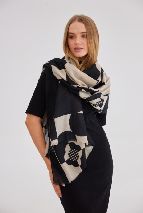 womens lightweight scarf with geometric floral print in black and off white