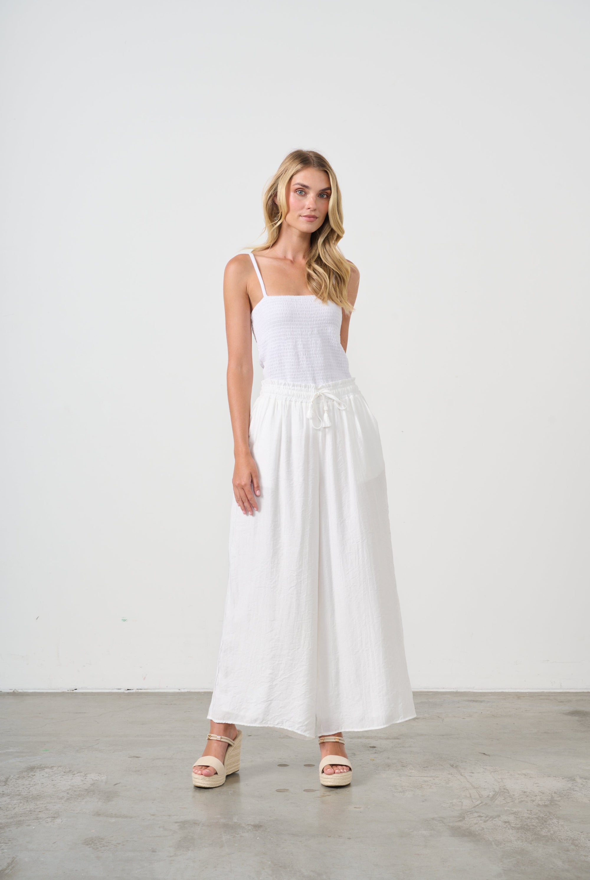 womens wide leg white pants with drawstring worn by model