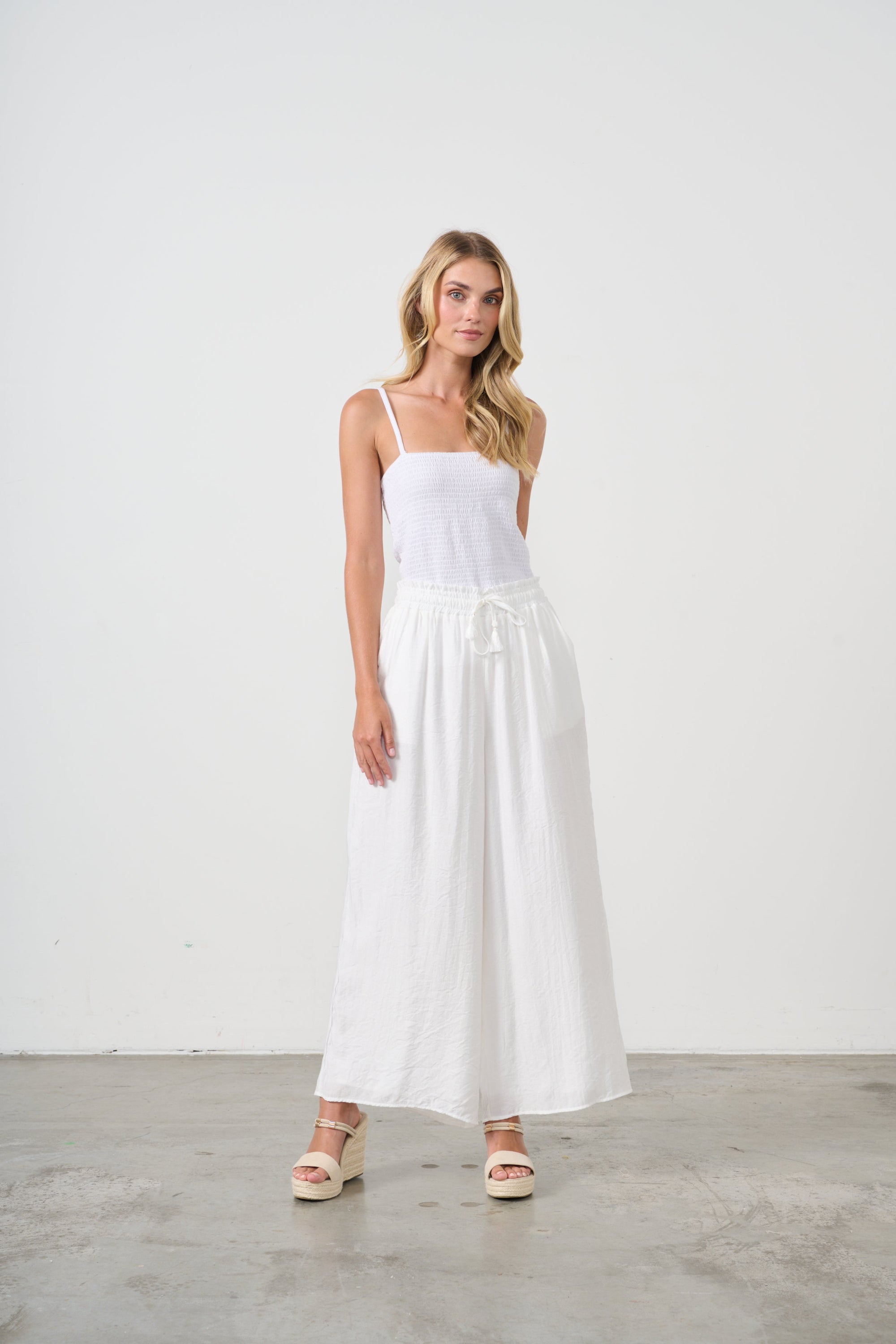 womens wide leg white pants with drawstring worn by model