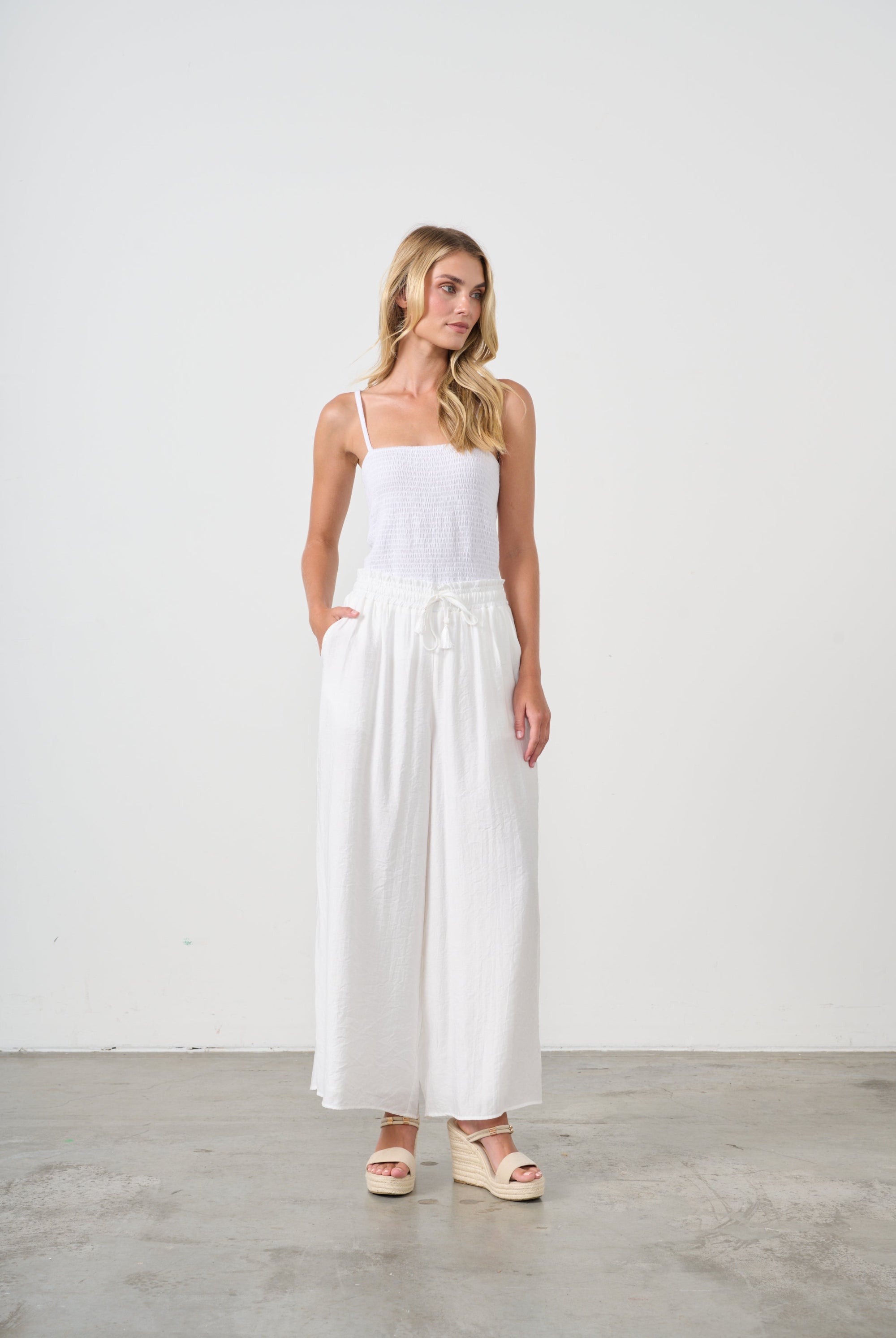 womens wide leg white pants with drawstring worn by model