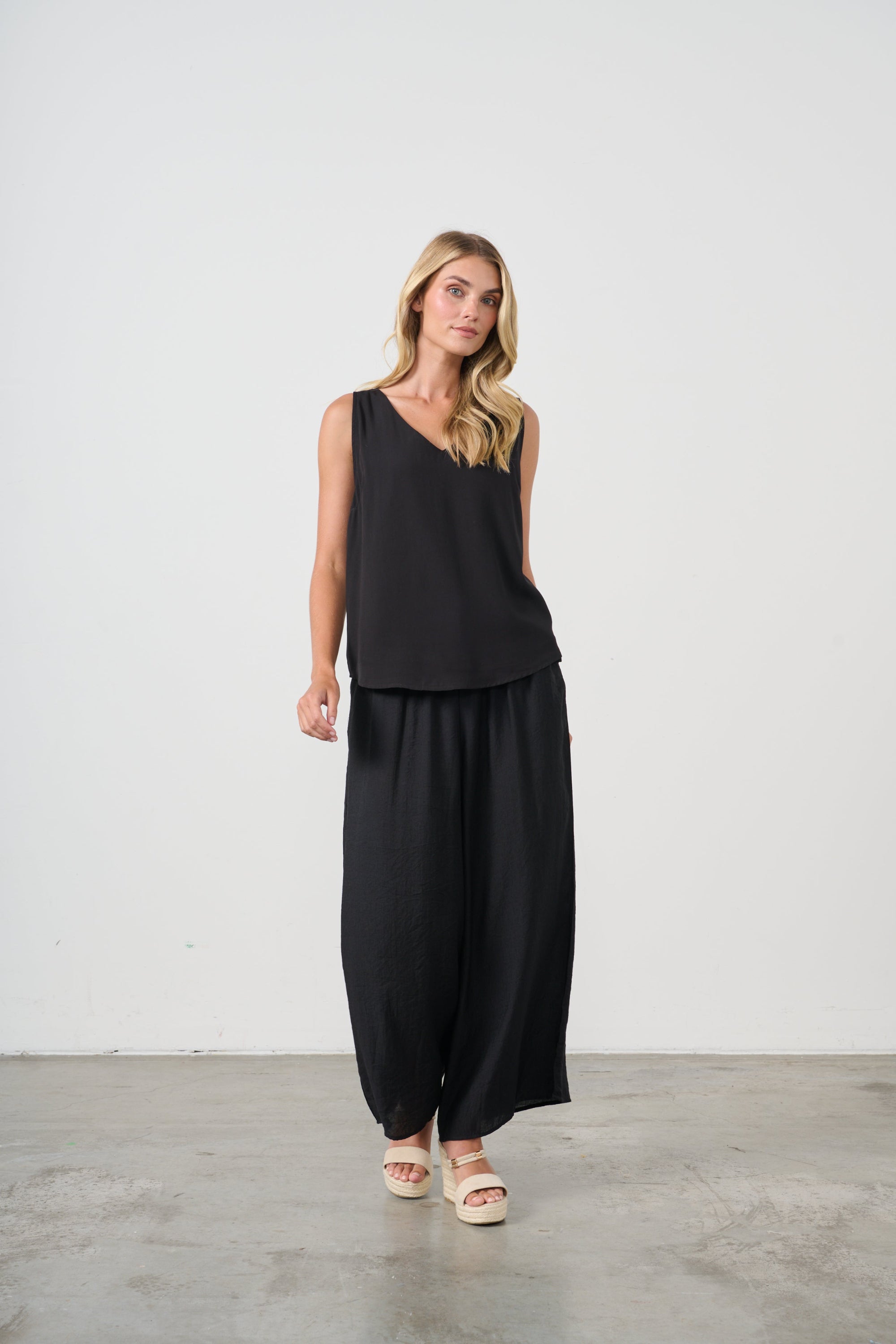 womens wide leg black pants with drawstring worn by model