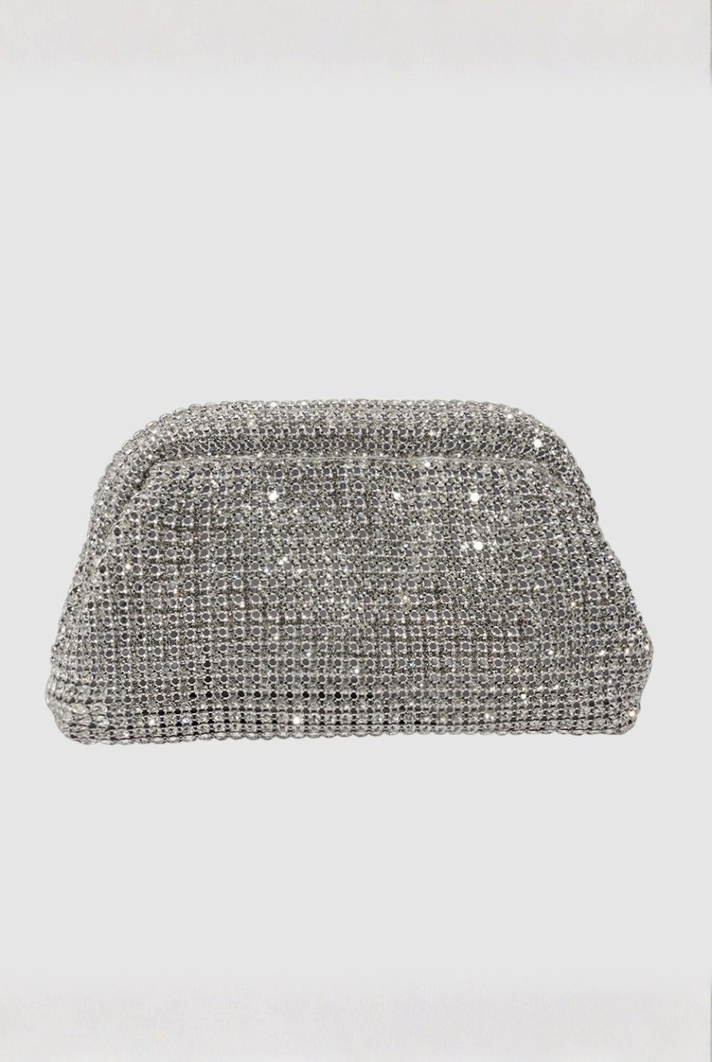 Silver clutch bag with rhinestone embellishments on a light gray background