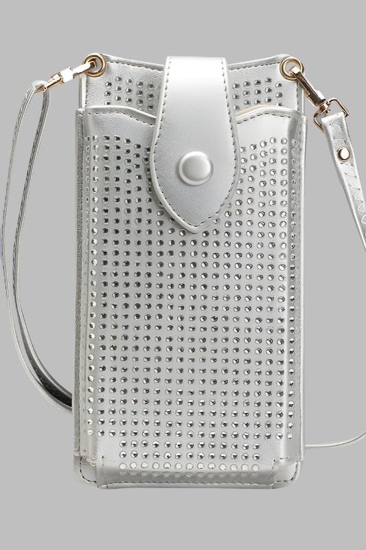 silver diamante phone bag