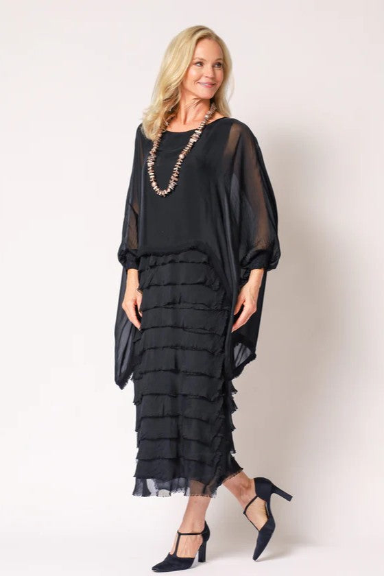 womens special occasion overlay tiered black midi dress