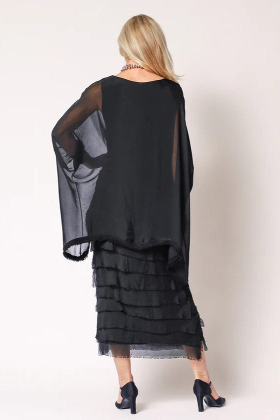 womens special occasion overlay tiered black midi dress back view