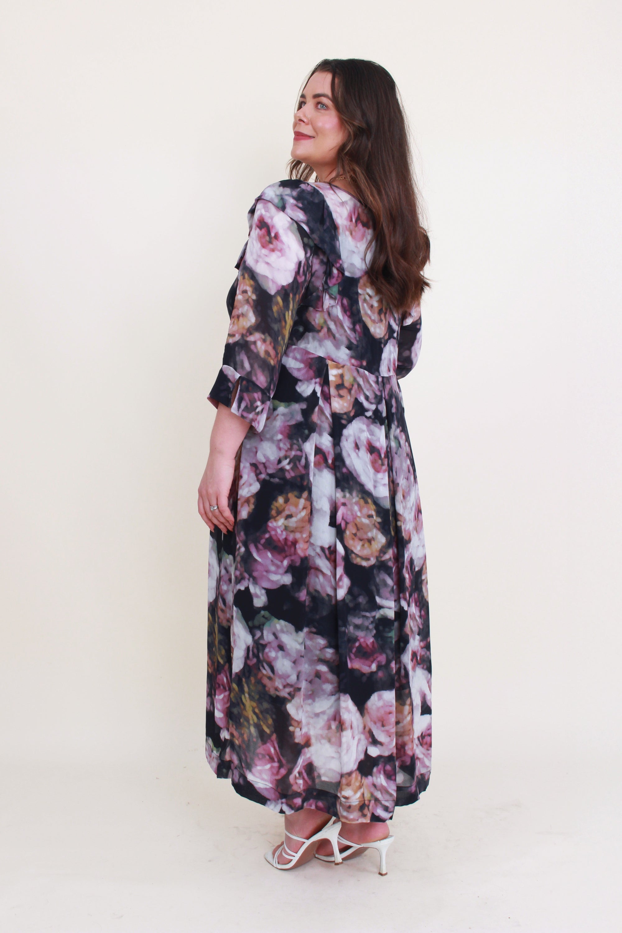 womens long dress with long sleeves pleated dark floral print worn by model back view