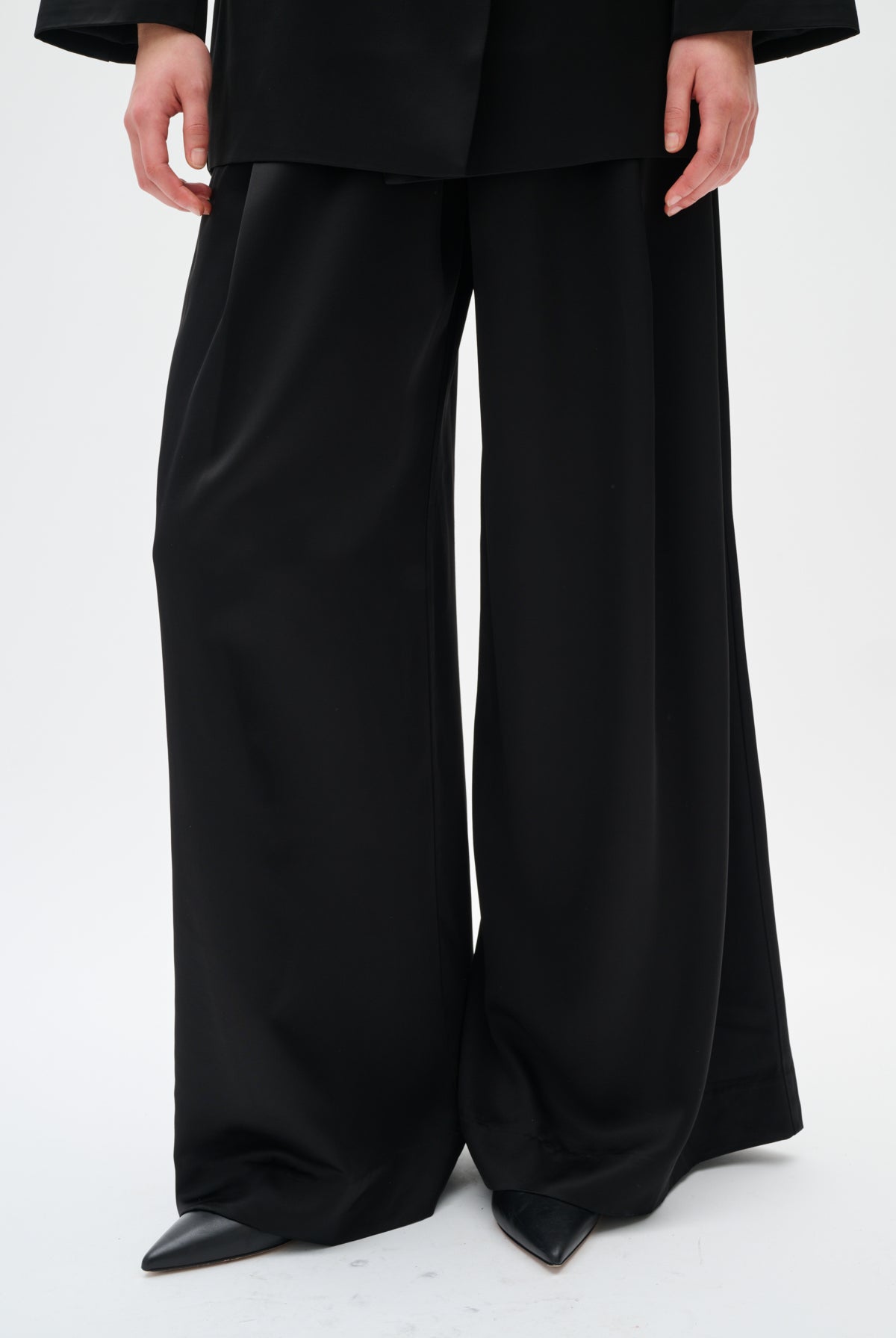 Person wearing black wide-leg pants on a white background