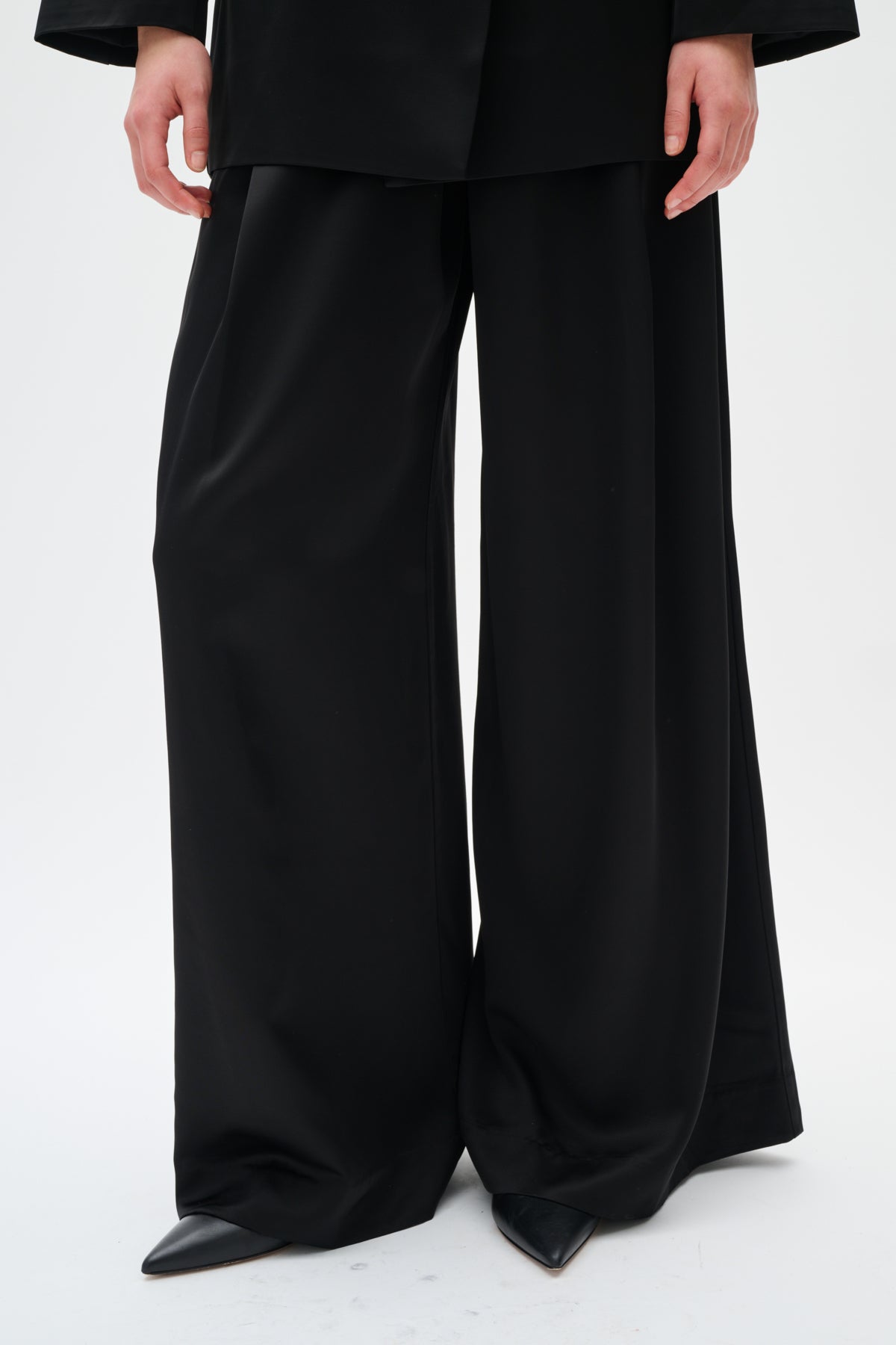 Person wearing black wide-leg pants on a white background