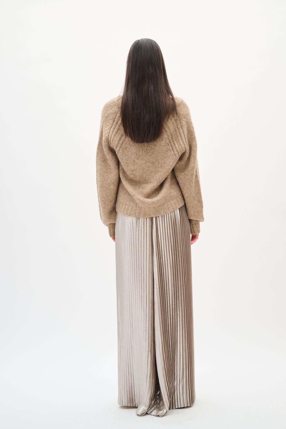 Person wearing a beige cardigan and silver pleated pants on a white background back angle