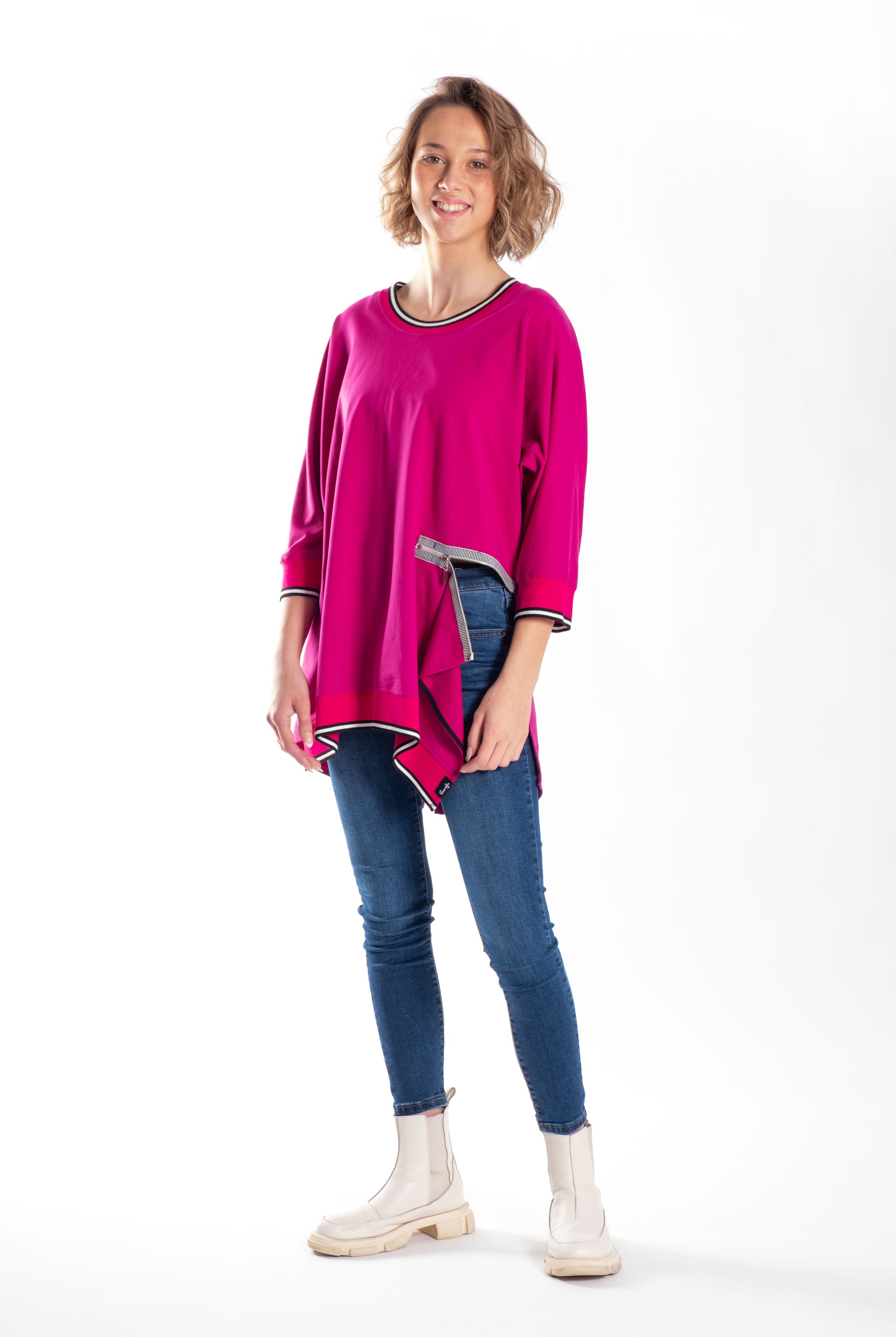 womens pink sweater top with zip detail and small dog print on back