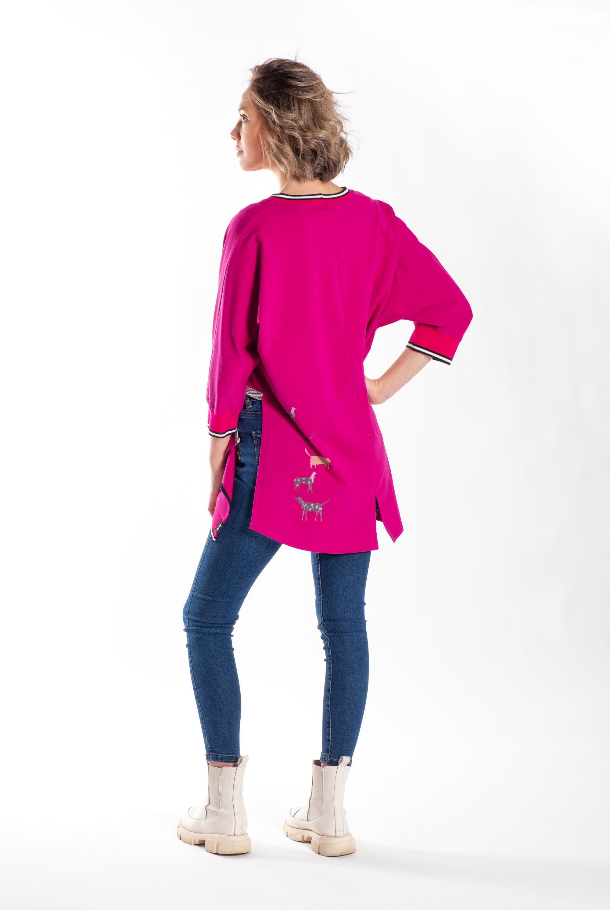 womens pink sweater top with zip detail and small dog print on back back view