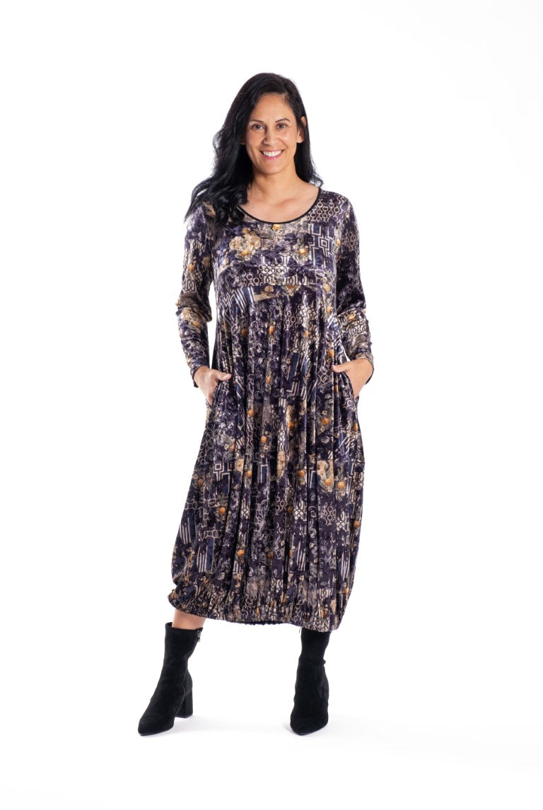 womens midi dress long leeves dark citrus print velvet