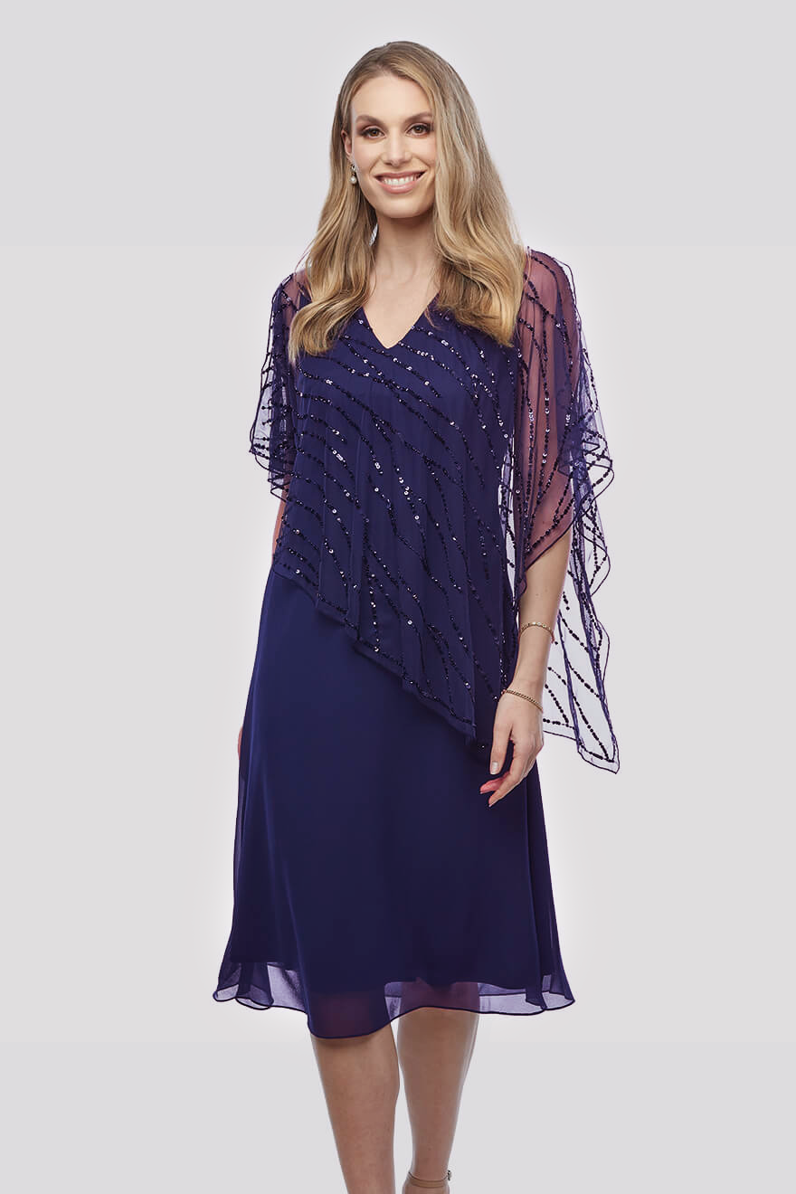 midi dress chiffon sparkle overlay in purple worn by model