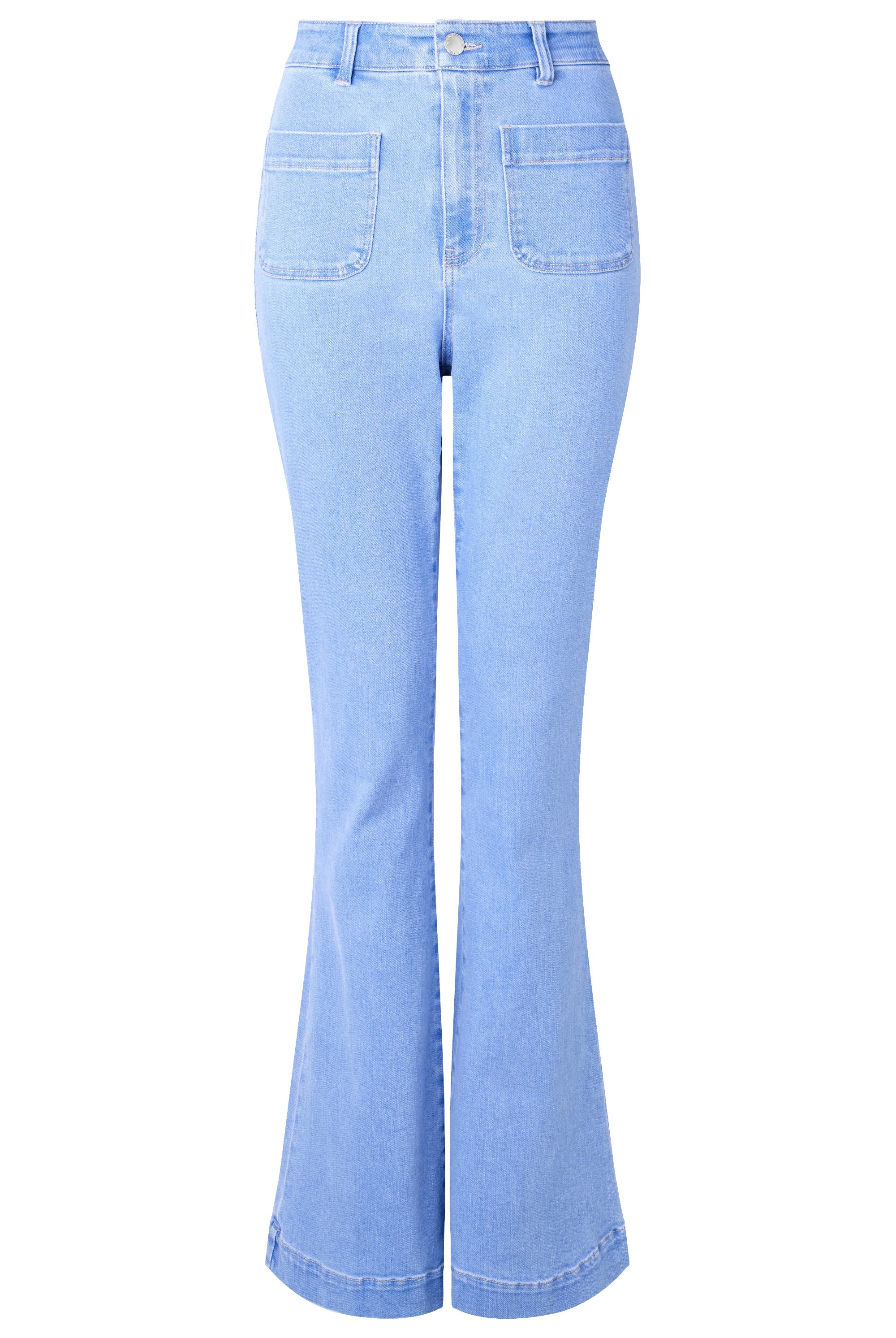 light wash denim flare jean clear cut white background