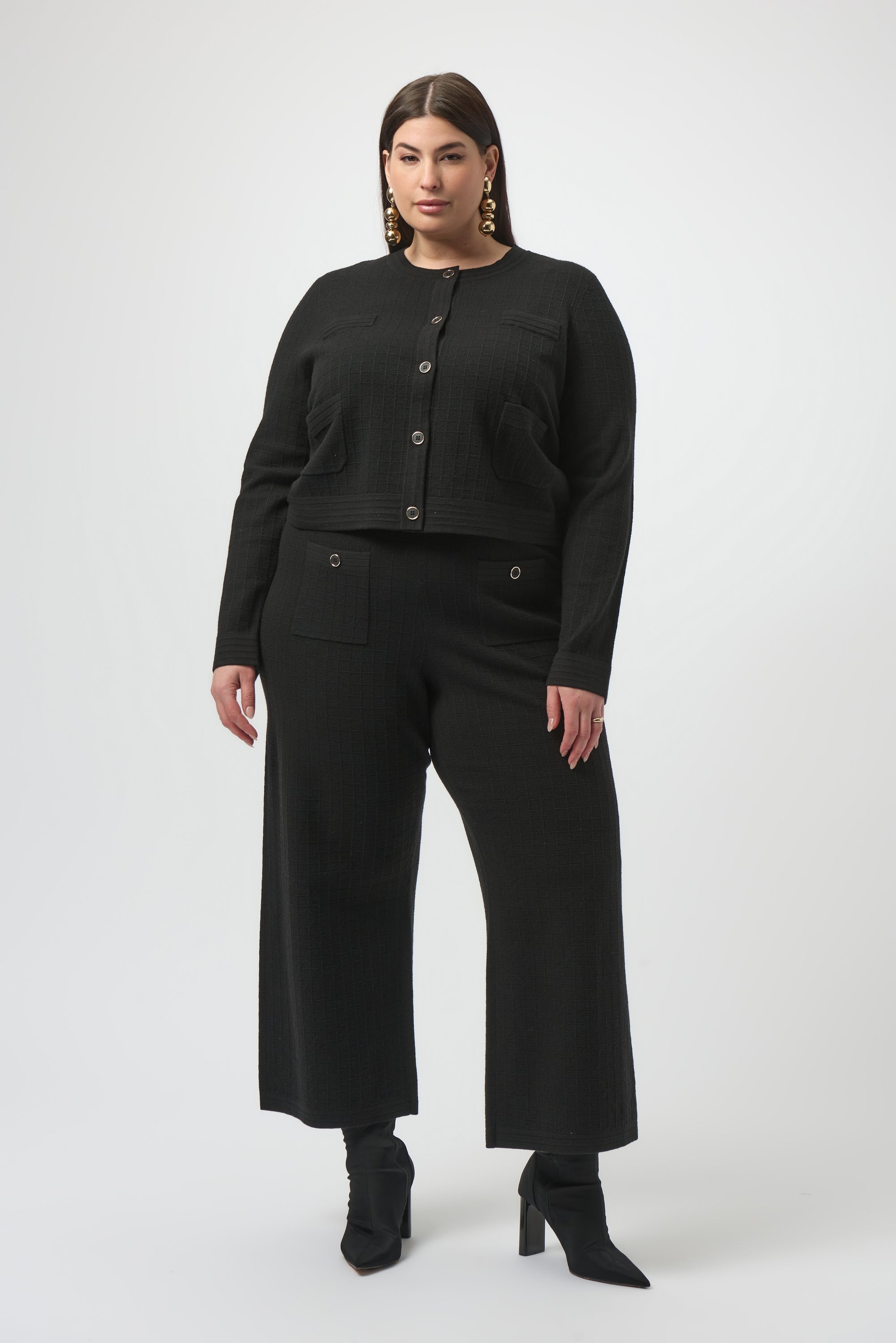 womens wide leg black pant front button pockets worn by model