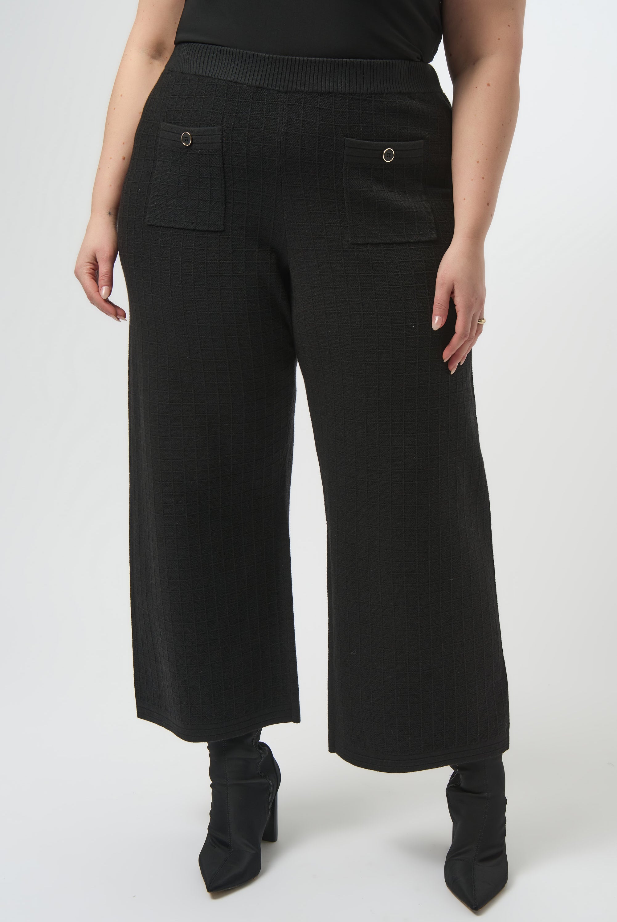 womens wide leg black pant front button pockets worn by model
