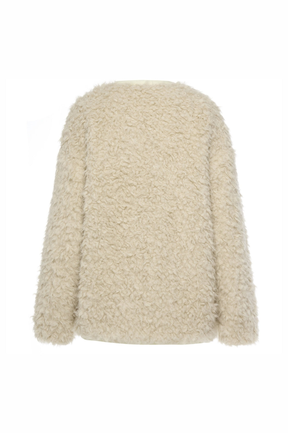 cream shearling jacket on white background back angle