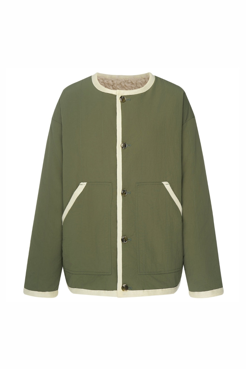 olive green and cream jacket on white background