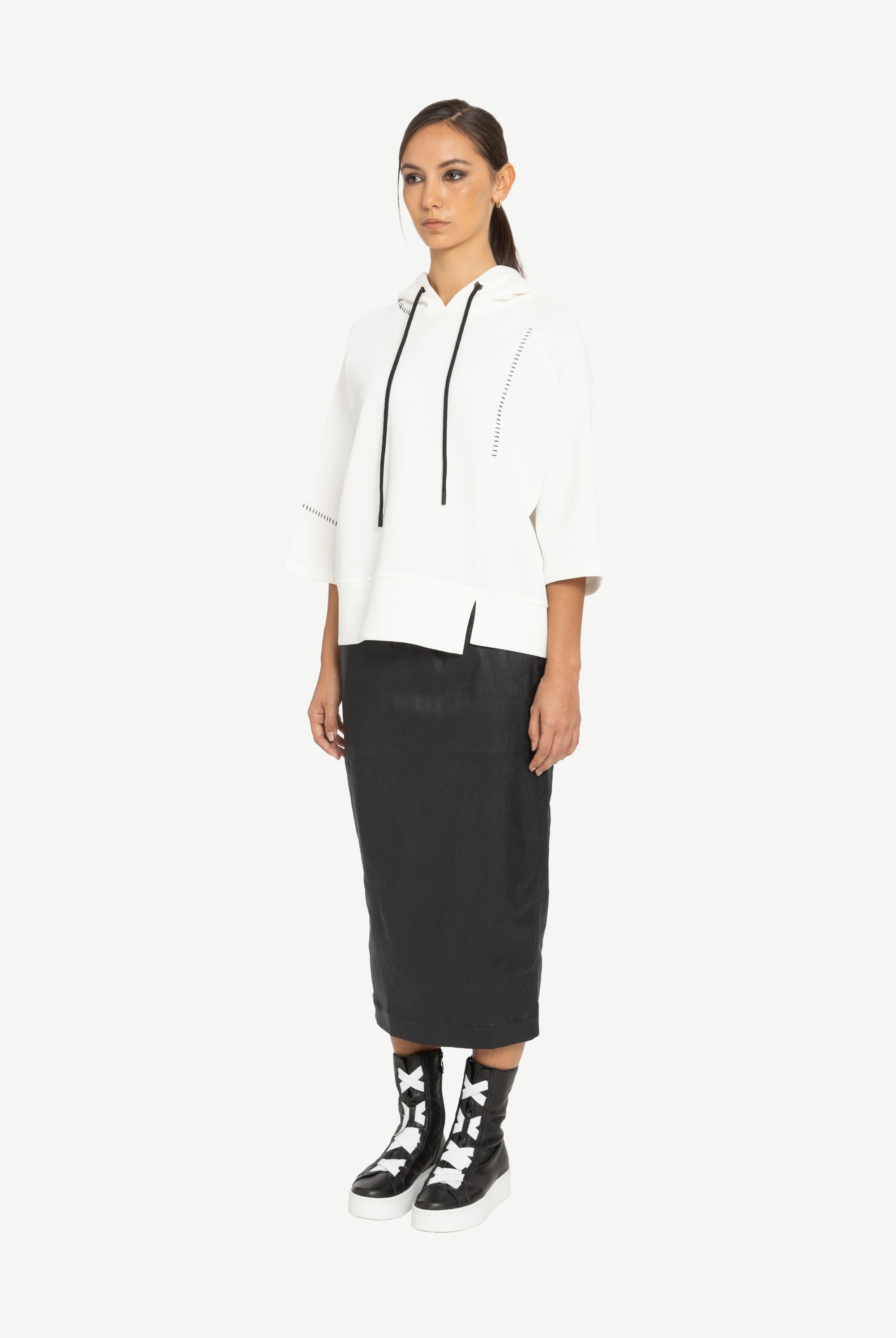 womens relaxed hoodie black detailing white