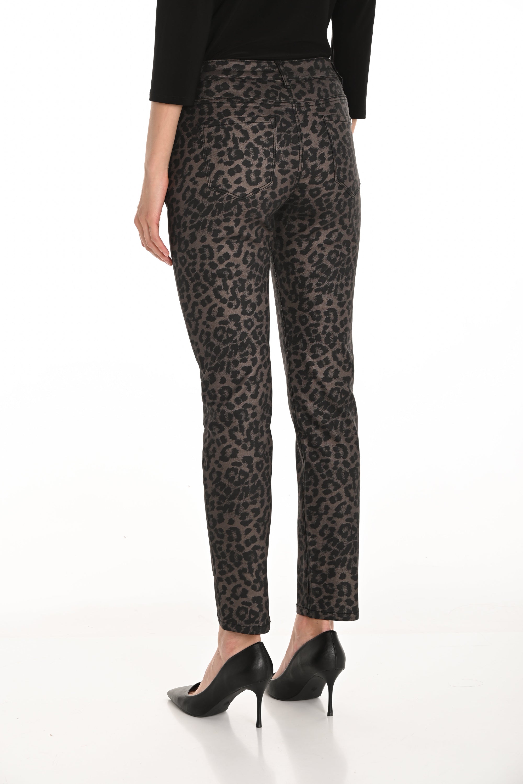 Leopard print pants worn by a person on a white background back angle