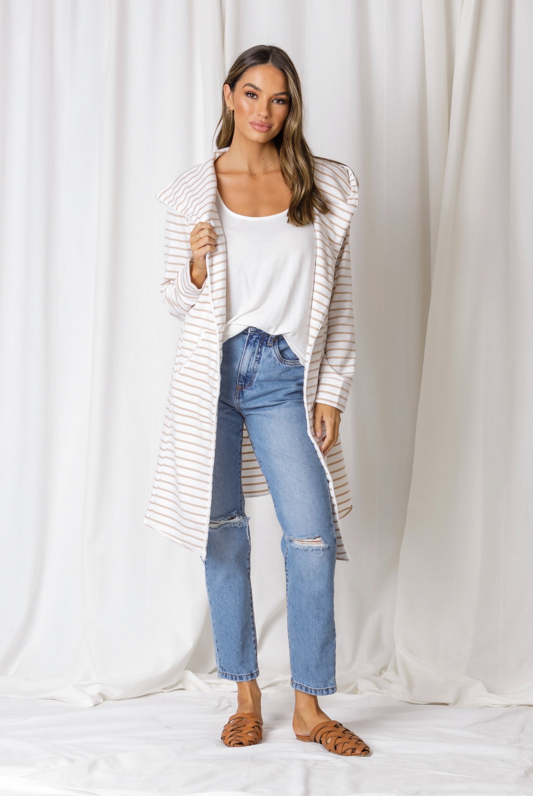 womens bige white stripe longline cardigan