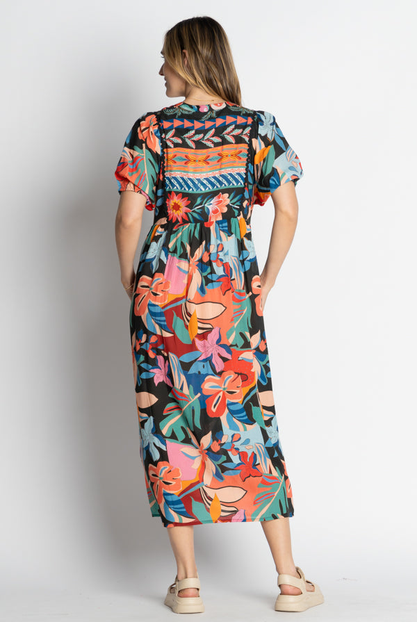 multi floral print midi maxi dress worn by model back