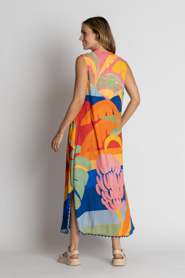 model wearing multi colour sleeveless maxi dress back