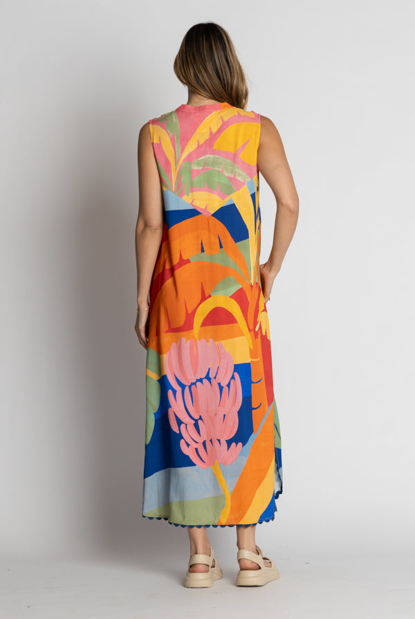 model wearing multi colour sleeveless maxi dress back