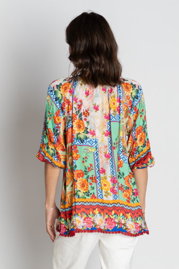 floral geometric multi colour blouse worn by model back view