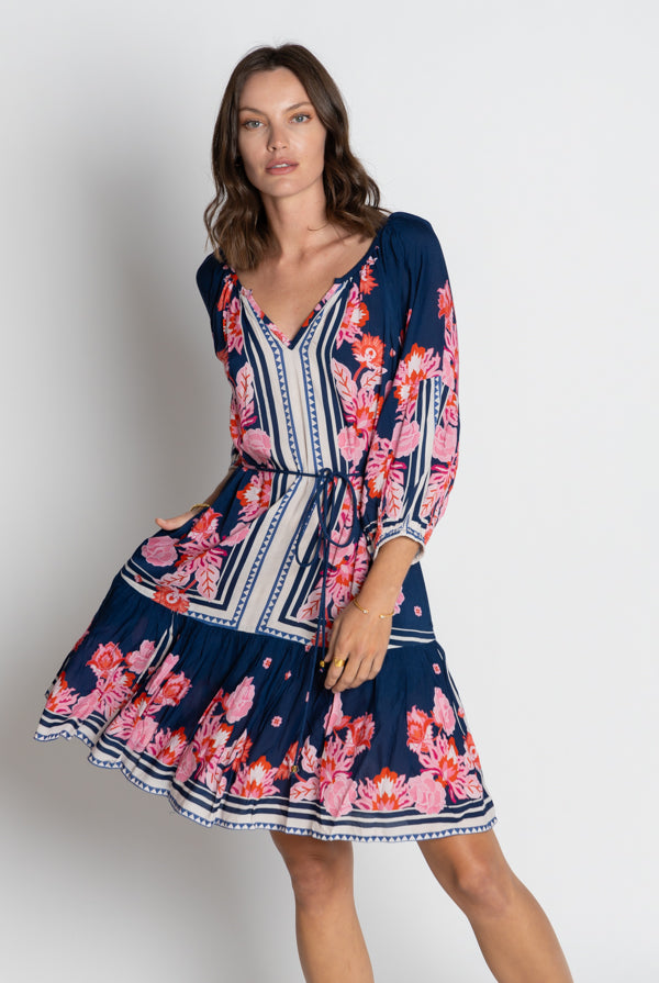 navy and pink floral midi dress worn by model