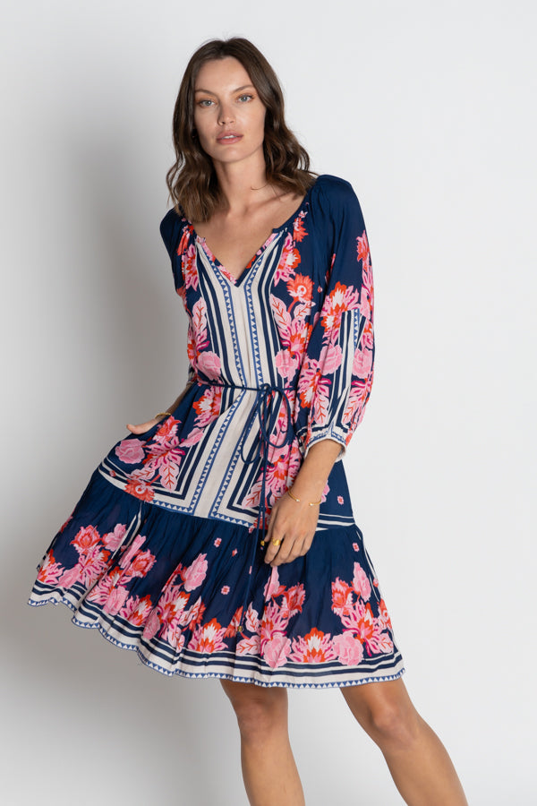 navy and pink floral midi dress worn by model
