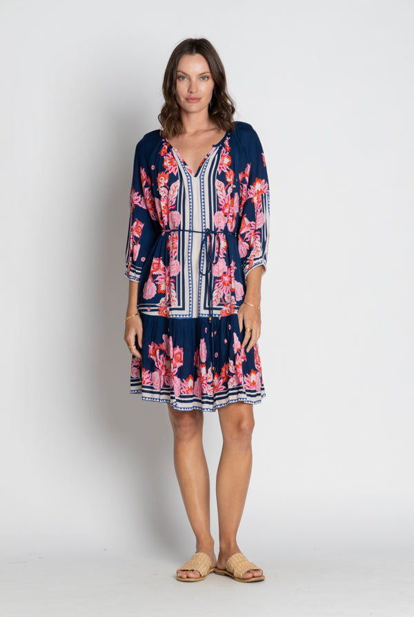 navy and pink floral midi dress worn by model