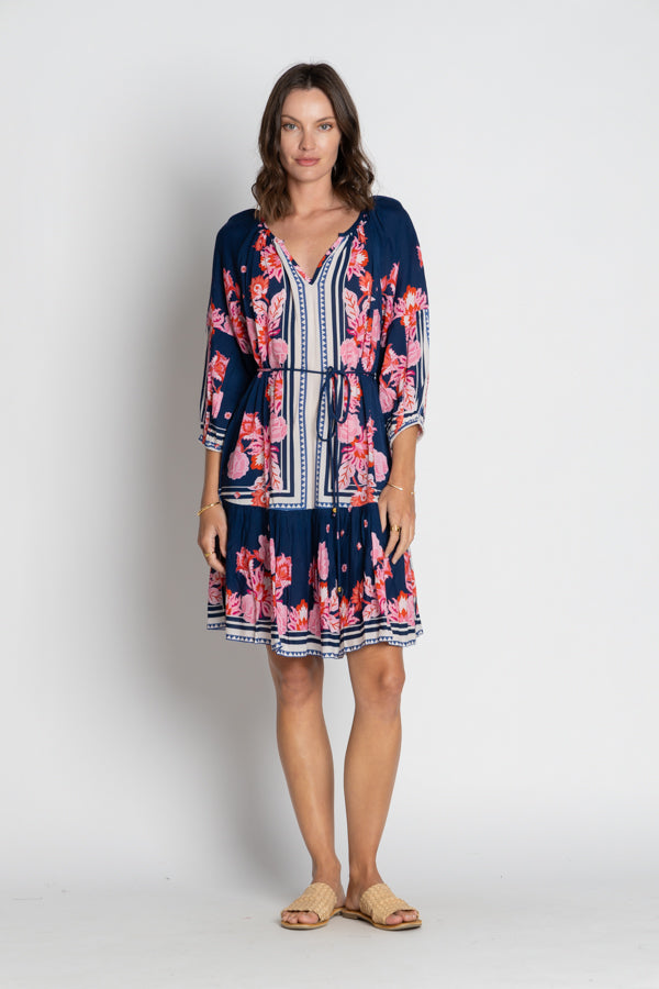 navy and pink floral midi dress worn by model