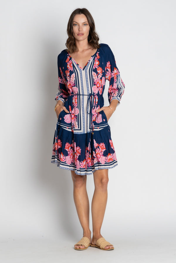navy and pink floral midi dress worn by model