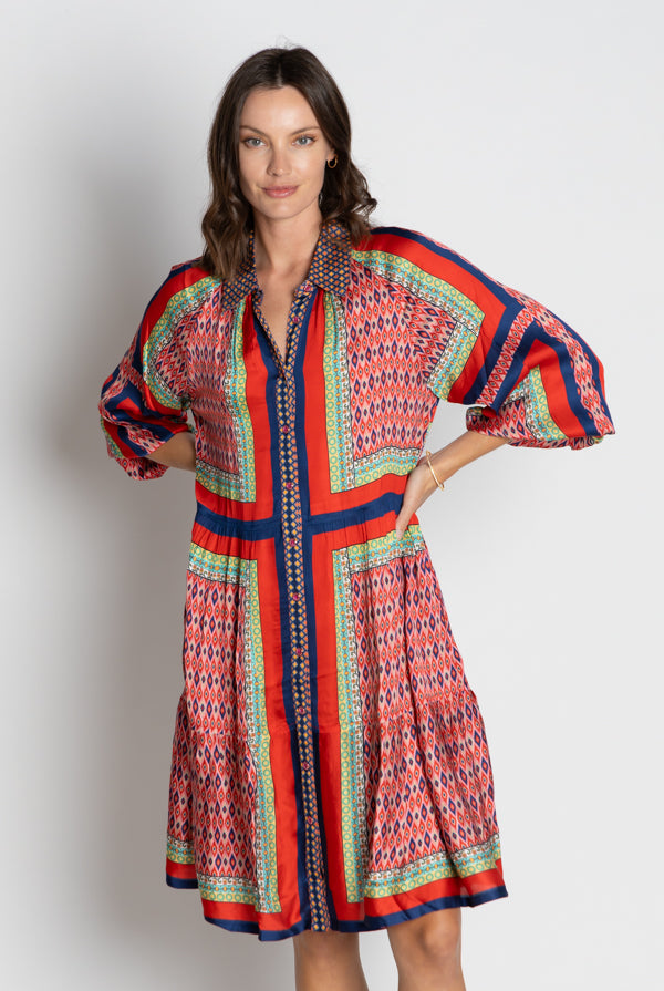 womens midi dress with multi colour geometric print worn by model