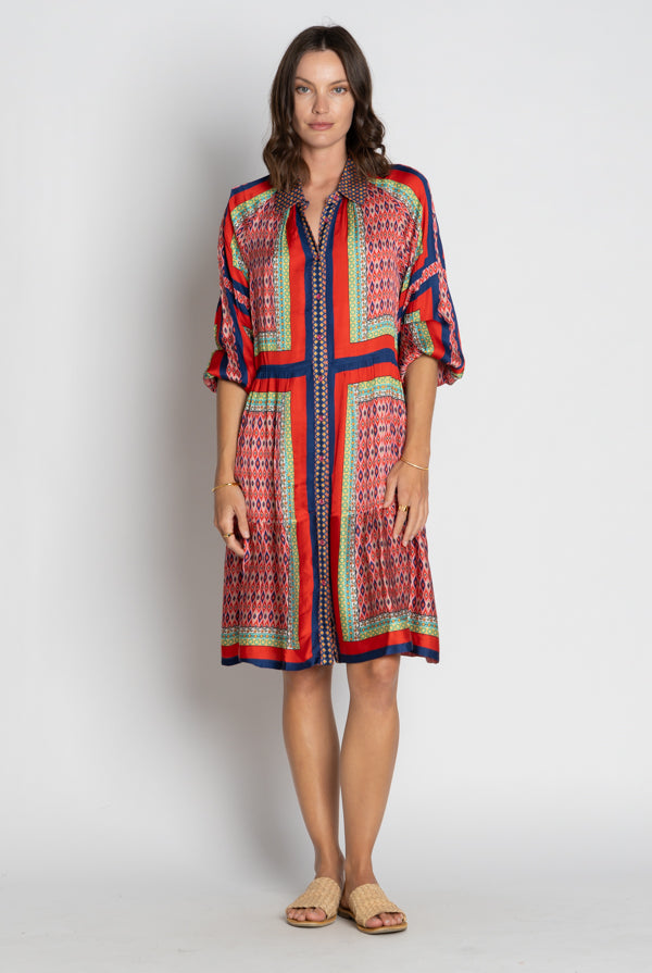 womens midi dress with multi colour geometric print worn by model