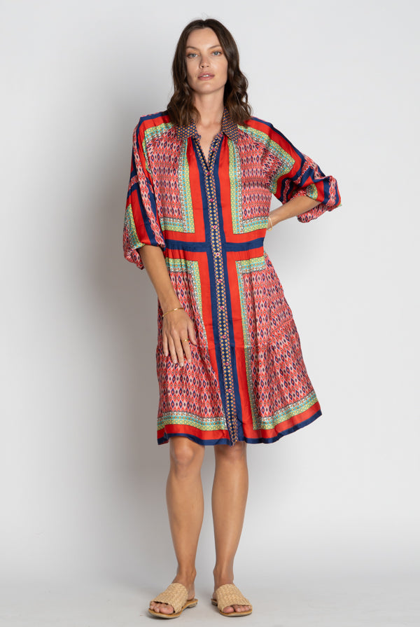 womens midi dress with multi colour geometric print worn by model