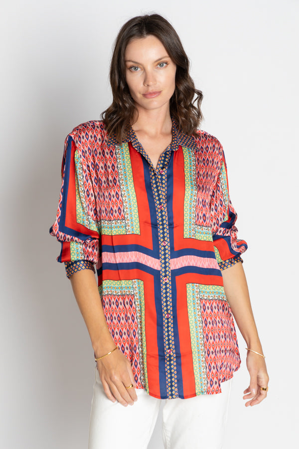 womens relaxed blouse geometric print multi colour worn by model